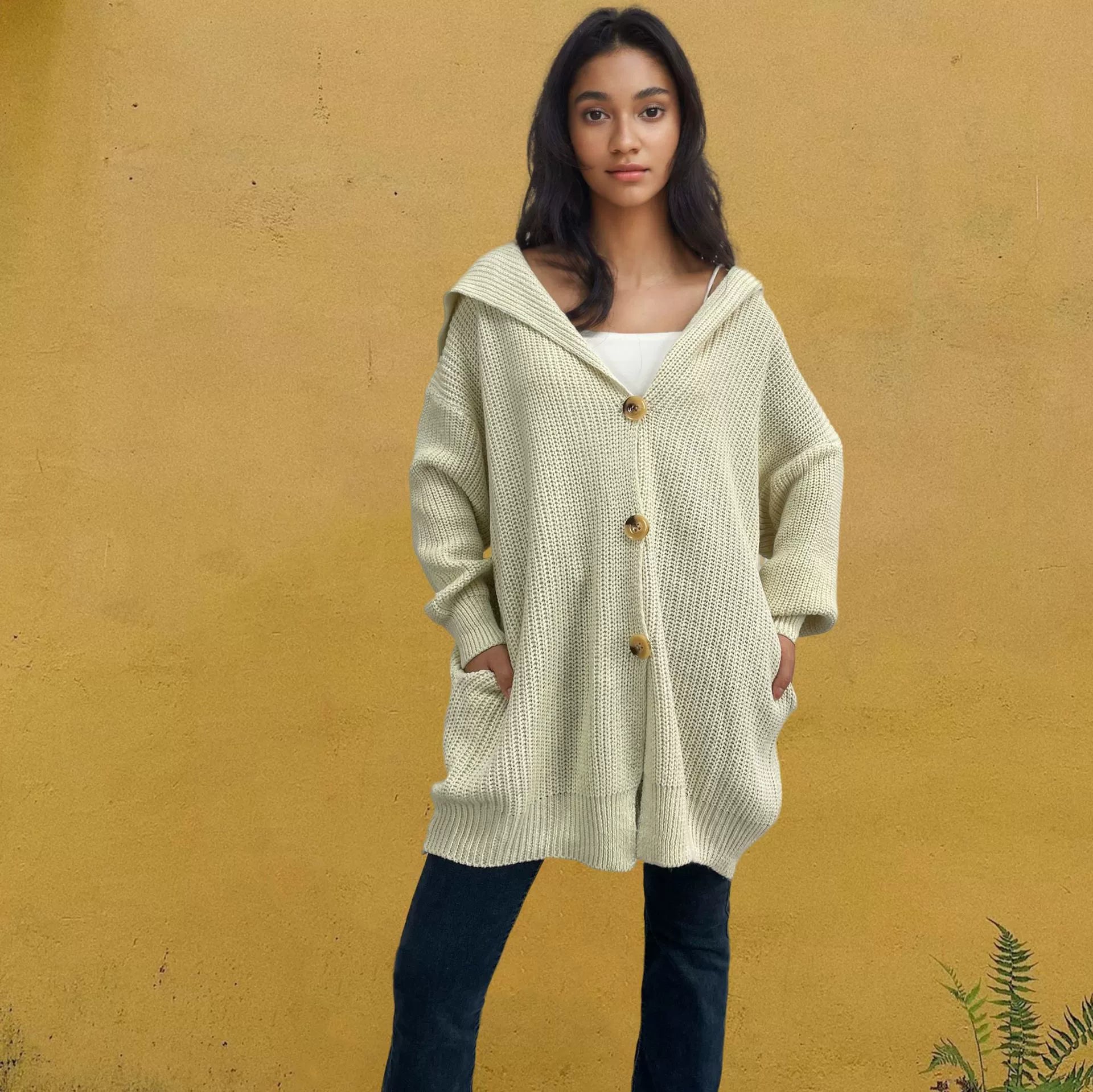 Women’s Oversized Cardigan – Knitted Wool – Thigh Length – Button Front – Pockets