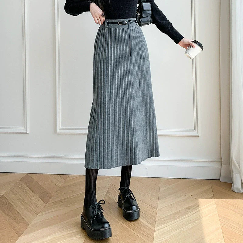 Women’s Midi Skirt – Wool Blend – Pleated Slim Fit – A-Line with Belt Detail
