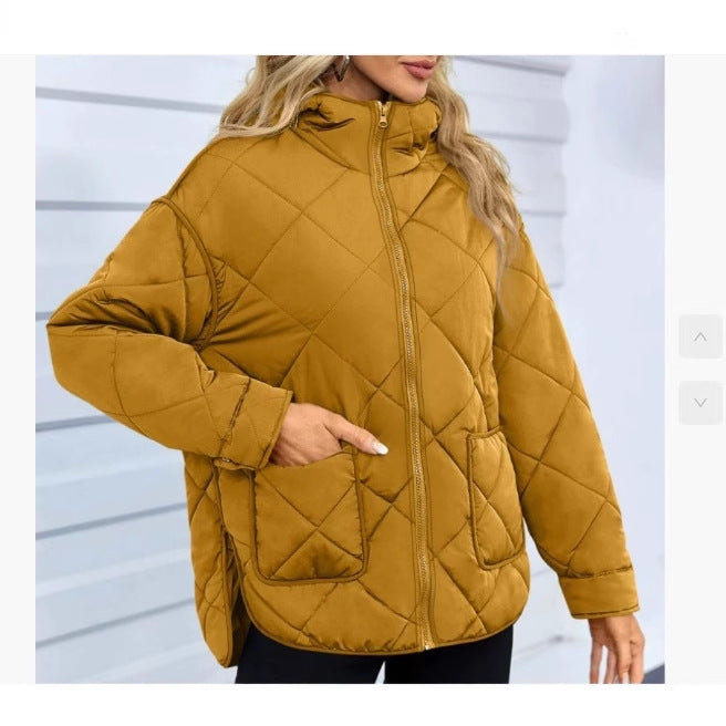 Women’s Quilted Jacket – Oversized Fit – Diamond Stitching – Stand Collar – Zip Front