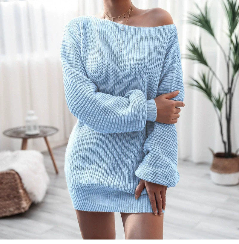 Women’s Sweater Dress – Knit Wool Blend – Off-Shoulder – Lantern Sleeve – Relaxed Fit