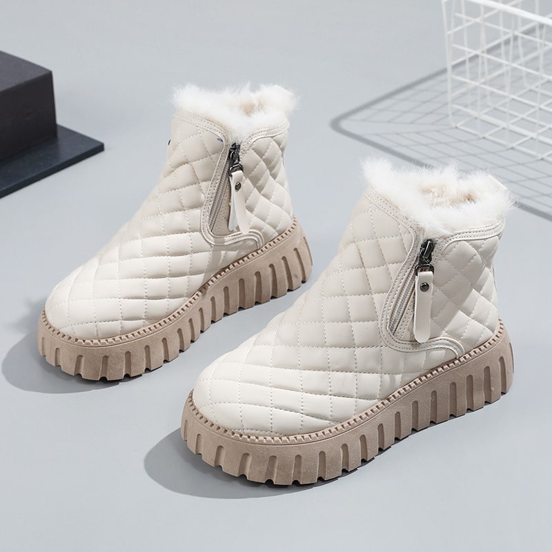 Women’s Ankle Boots – Quilted Upper – Faux Fur Lining – Side Zip Platform Sole