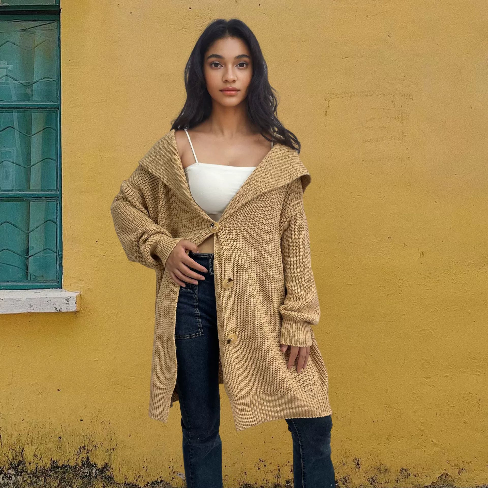 Women’s Oversized Cardigan – Knitted Wool – Thigh Length – Button Front – Pockets