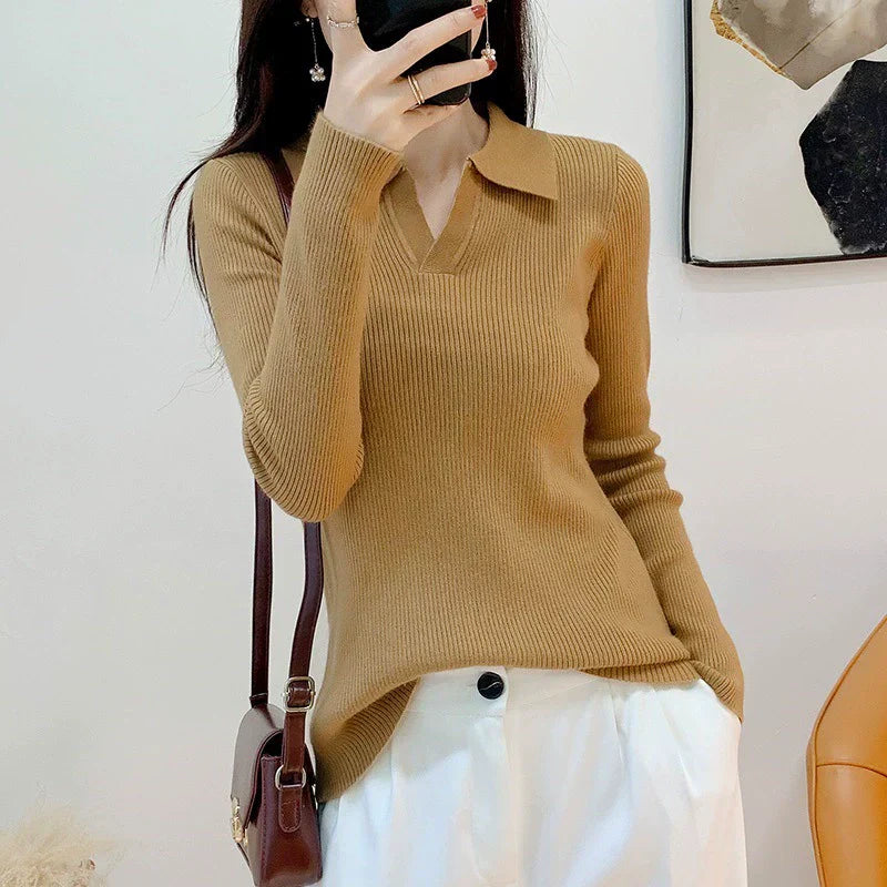 Women’s Knitted Sweater – Slim Fit – Lapel Collar – Ribbed Texture – Long Sleeve