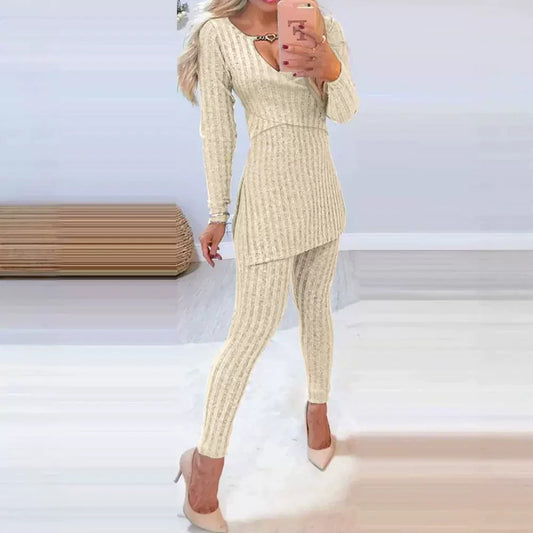 Women’s Two-Piece Set – Slim Fit Ribbed Knit – High Collar – Button Detail Top