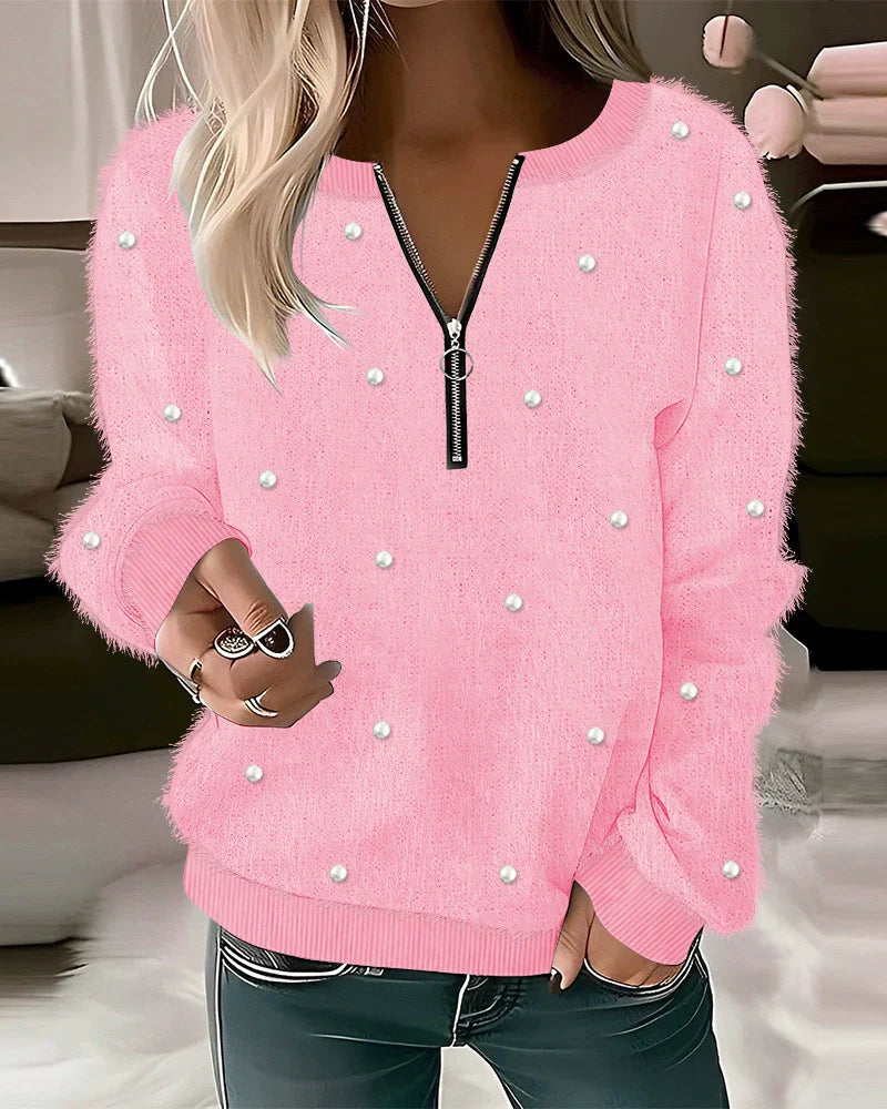 Women’s Zipper Sweatshirt – Cable Knit – Relaxed Fit – Ribbed Trim – Casual Wear