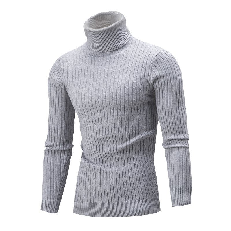 Men’s Turtleneck Sweater – Slim Fit – Wool Knit – Cable Pattern – Ribbed Hem