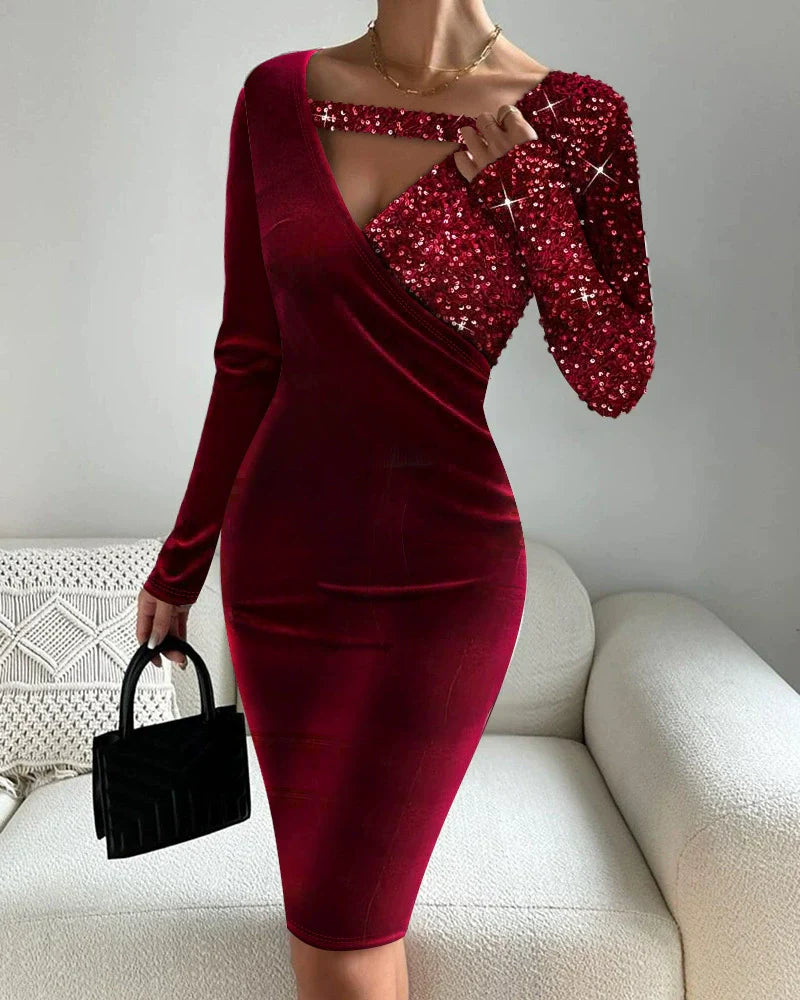 Women’s Midi Dress – Slim Fit – Ribbed Knit – Asymmetrical Sleeve