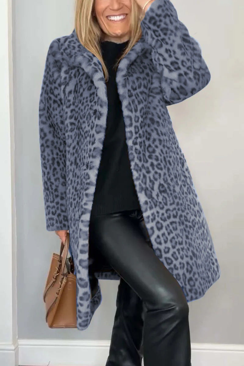 Women’s Coat – Faux Fur – Oversized Fit – Notched Collar – Leopard Print – Casual
