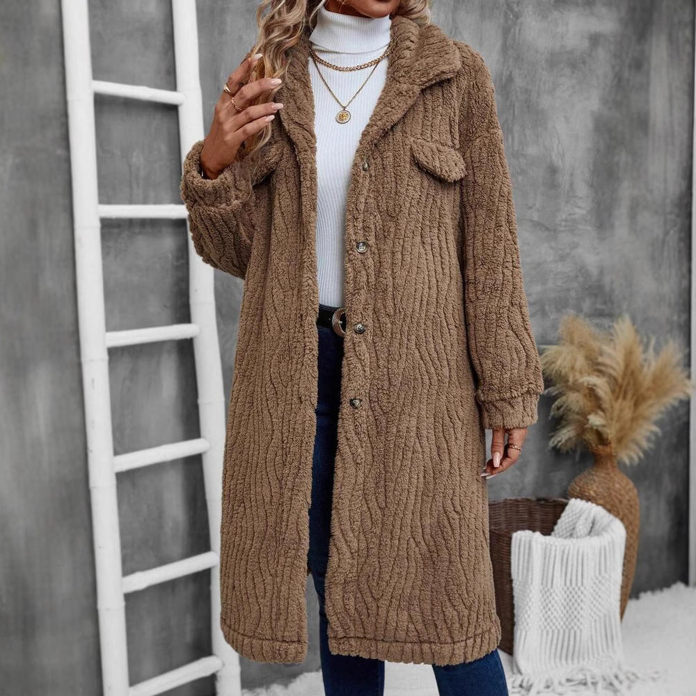 Women’s Coat – Plush Faux Fur – Oversized Fit – Fur Lapel – Button Down – Midi Length