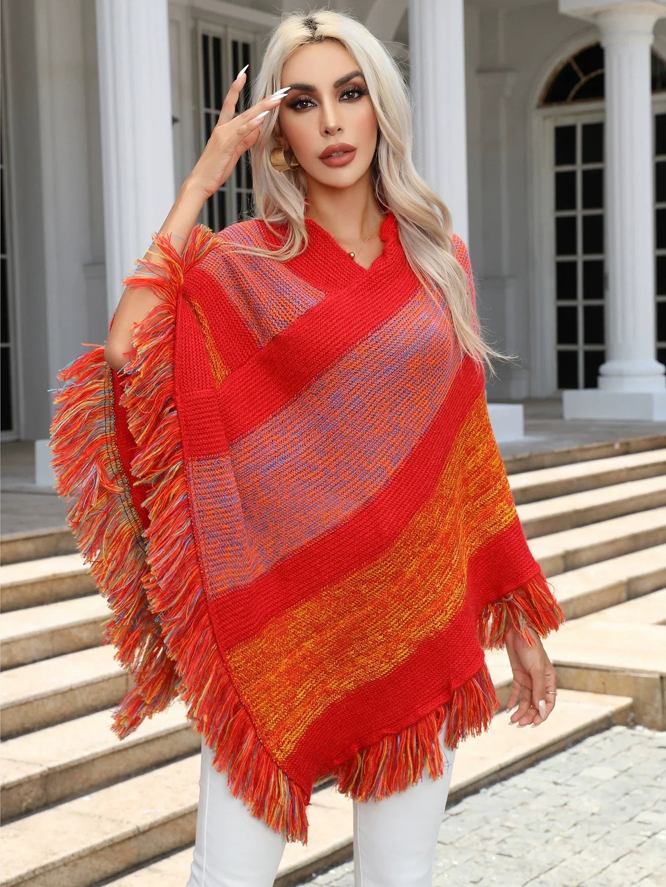 Women’s Cape Shawl Coat – Wool Blend – Oversized Fit – Tassel Hem – Open Front
