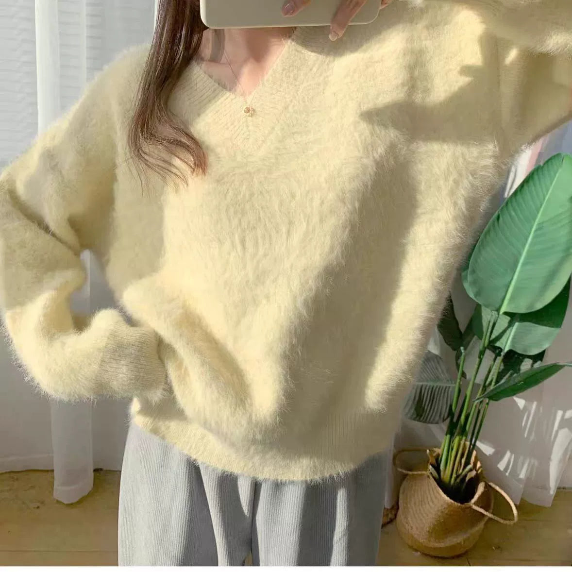 Women’s V-Neck Sweater – Fluffy Knit – Loose Fit – Ribbed Trim – Long Sleeve Casual Wear