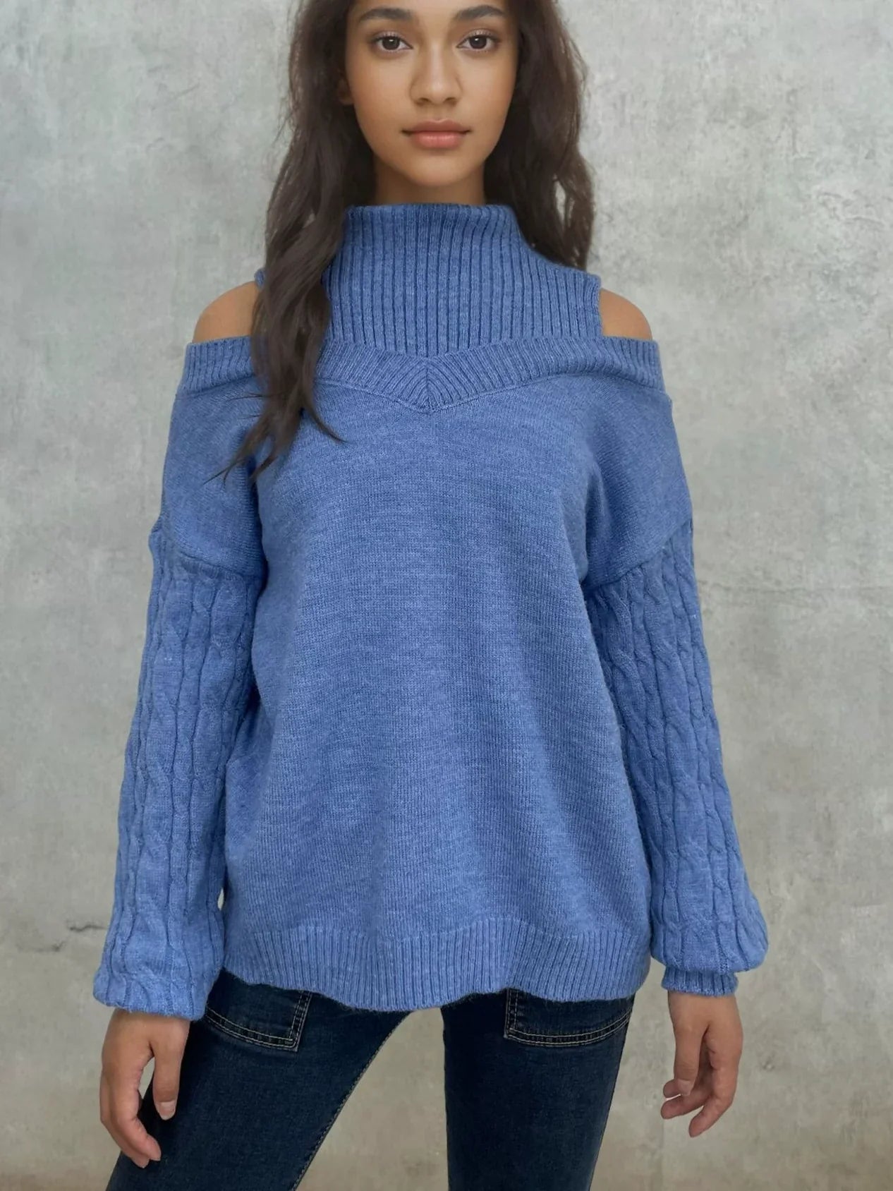 Women’s Knitted Sweater – Off-Shoulder – Lantern Sleeve – Cable Knit – Relaxed Fit