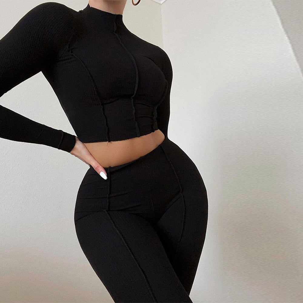 Women’s Athleisure Set – Ribbed Knit – Slim Fit – Long Sleeve Crop Top & Leggings