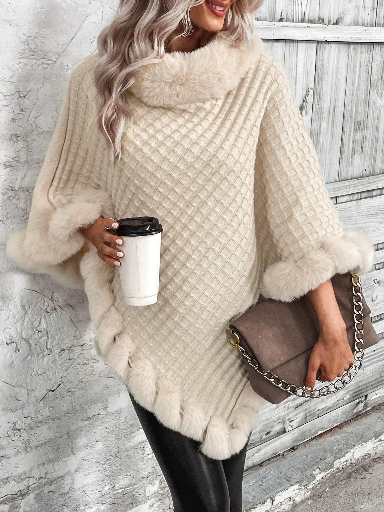 Women’s Poncho Sweater – Cable Knit – Faux Fur Trim – Oversized Fit – Cowl Neck