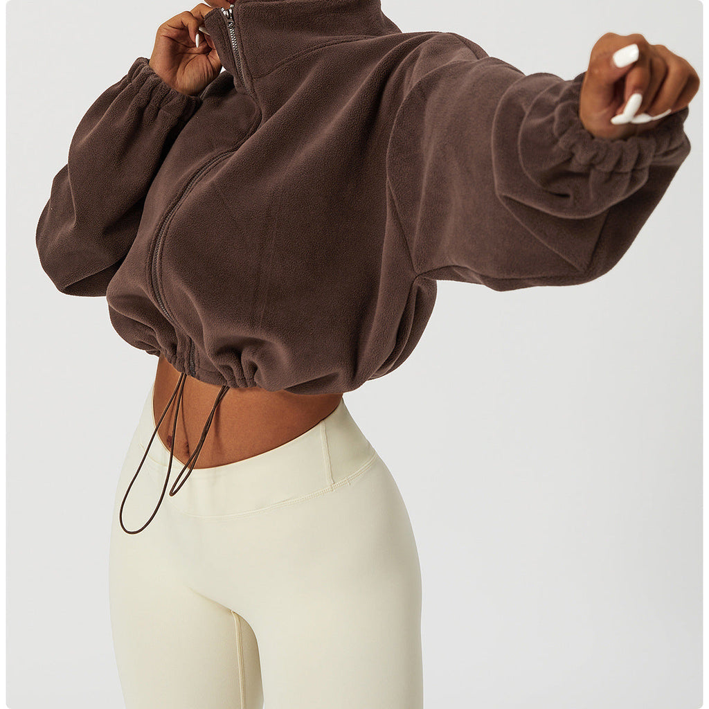 Women’s Cropped Jacket – Fleece – Loose Fit – Zip Front – Stand Collar – Drawstring Hem