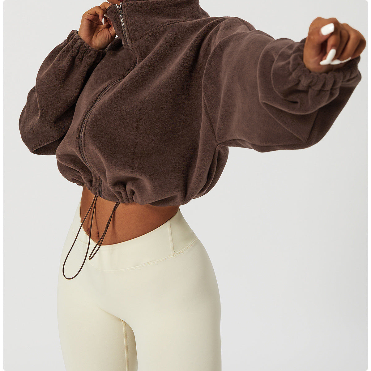 Women’s Cropped Jacket – Fleece – Loose Fit – Zip Front – Stand Collar – Drawstring Hem