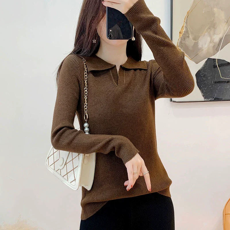 Women’s Knitted Sweater – Slim Fit – Lapel Collar – Ribbed Texture – Long Sleeve