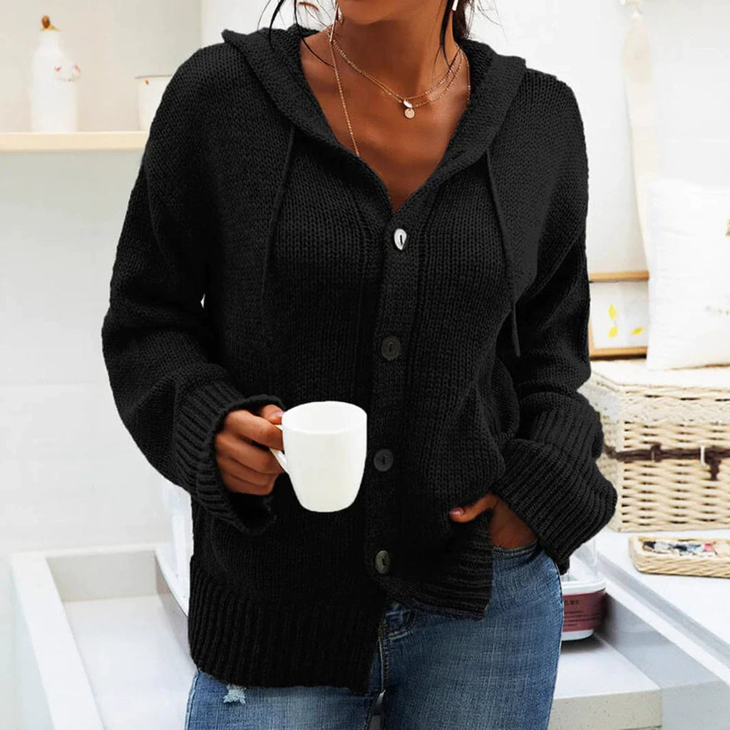 Women’s Hooded Cardigan – Knit Fabric – Relaxed Fit – Button Front – Ribbed Hem