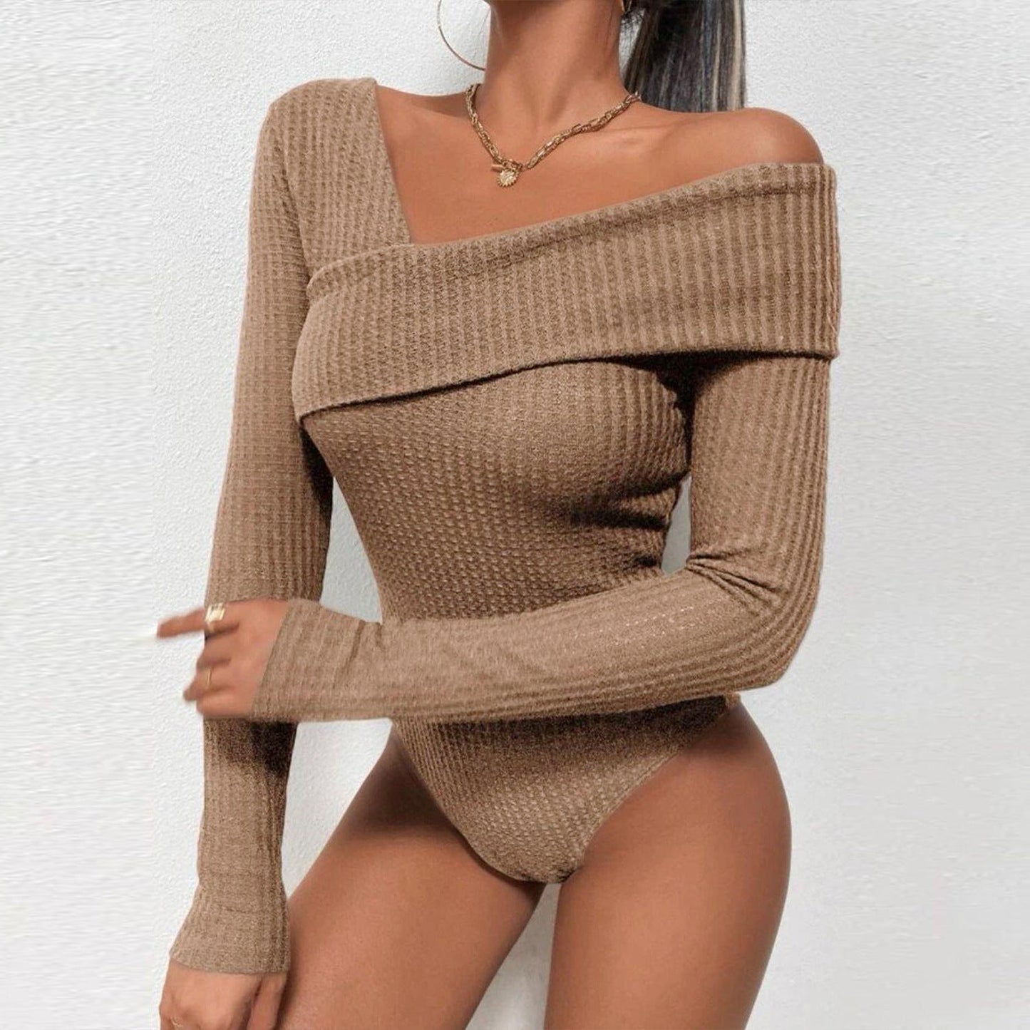 Calypso® | Women Spring Summer Solid Color Knitted Off Shoulder Long Sleeve Casual Jumpsuit Blouse