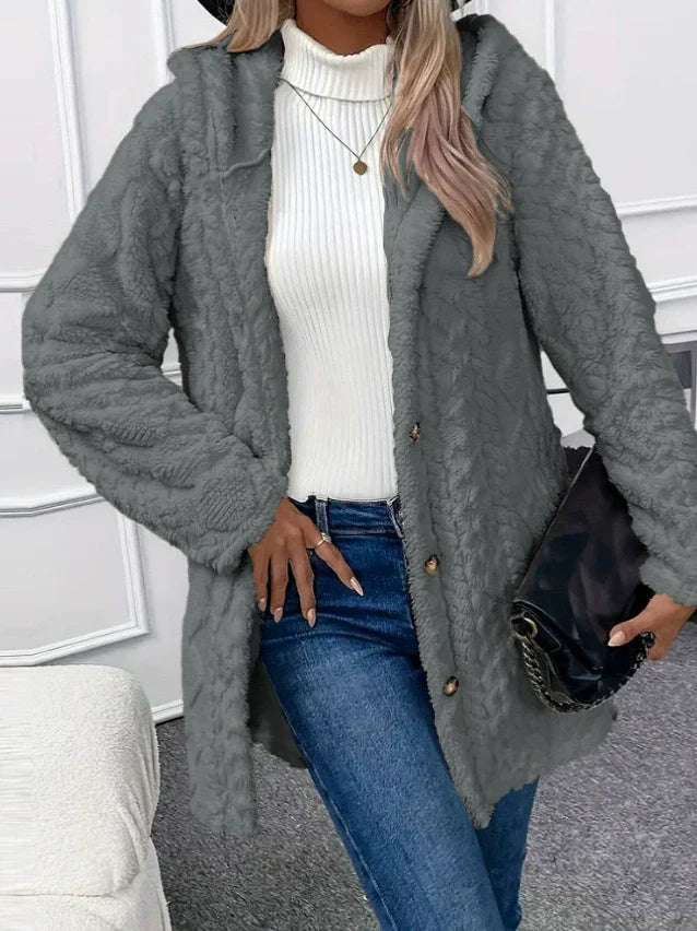 Women’s Long Jacket – Textured Fleece – Oversized Fit – Hooded Button Front