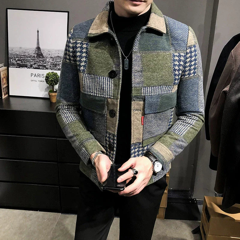 Men’s Jacket – Slim Fit – Wool – Plaid Patchwork – Button-Up with Chest Pockets