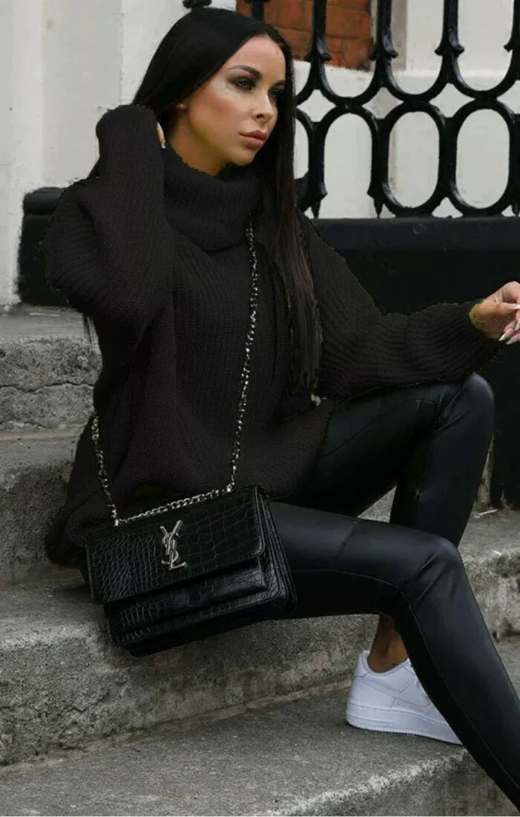 Women’s Knitted Sweater – Oversized Fit – Turtleneck – Ribbed Sleeve Casual Pullover