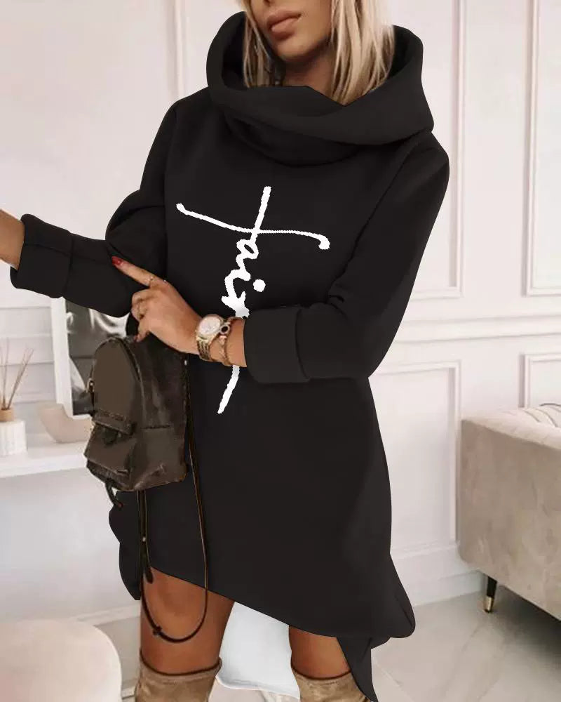 Women’s Hooded Sweatshirt – Soft Knit – Relaxed Fit – Turtleneck – Mid-Length Casual Wear