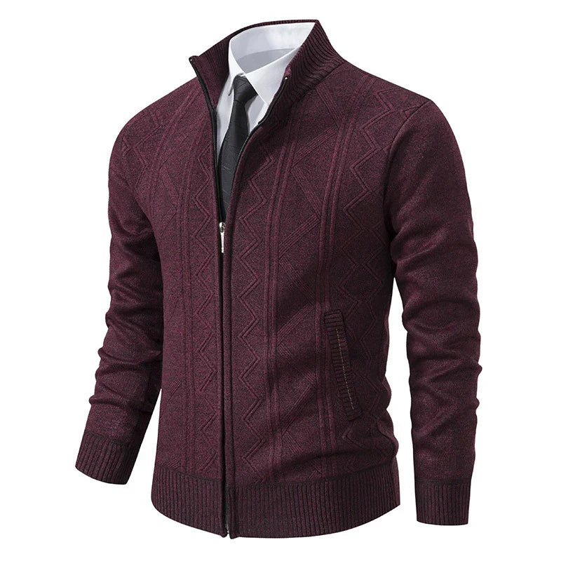 Men’s Cardigan Jacket – Wool Knit – Tailored Fit – Stand Collar – Zipper Closure