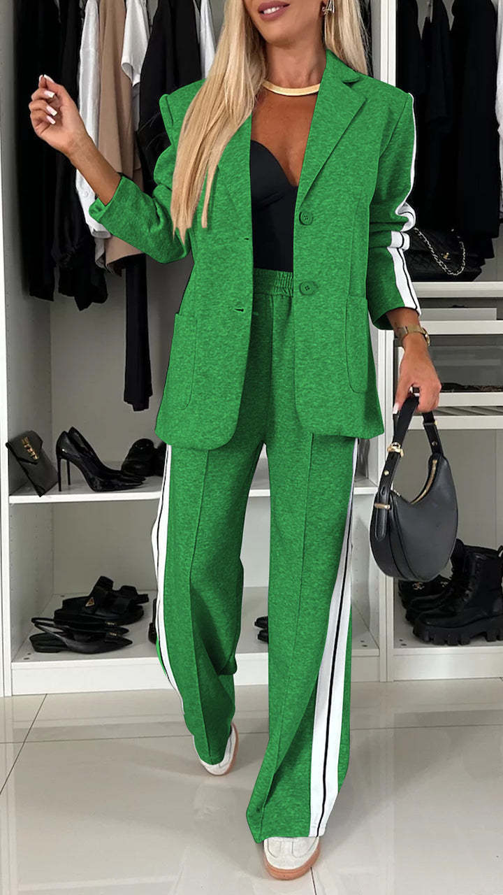 Women’s Blazer and Trouser Set – Relaxed Fit – Notched Lapel – Side Stripe Trousers