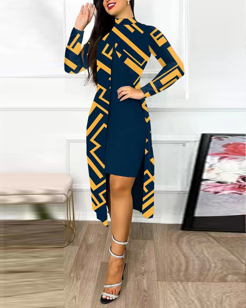Women’s Two-Piece Set – Slim Fit Dress with High Neck – Long Sleeve Geometric Overlay