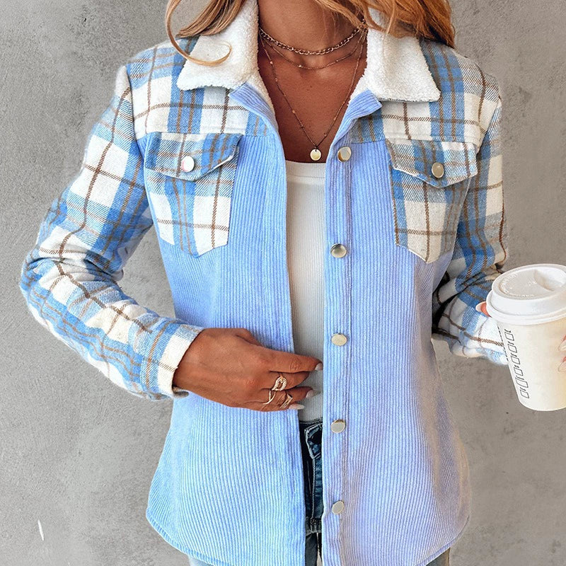 Women’s Corduroy Jacket – Relaxed Fit – Sherpa Collar – Plaid Detail – Snap Front