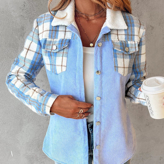 Women’s Corduroy Jacket – Relaxed Fit – Sherpa Collar – Plaid Detail – Snap Front