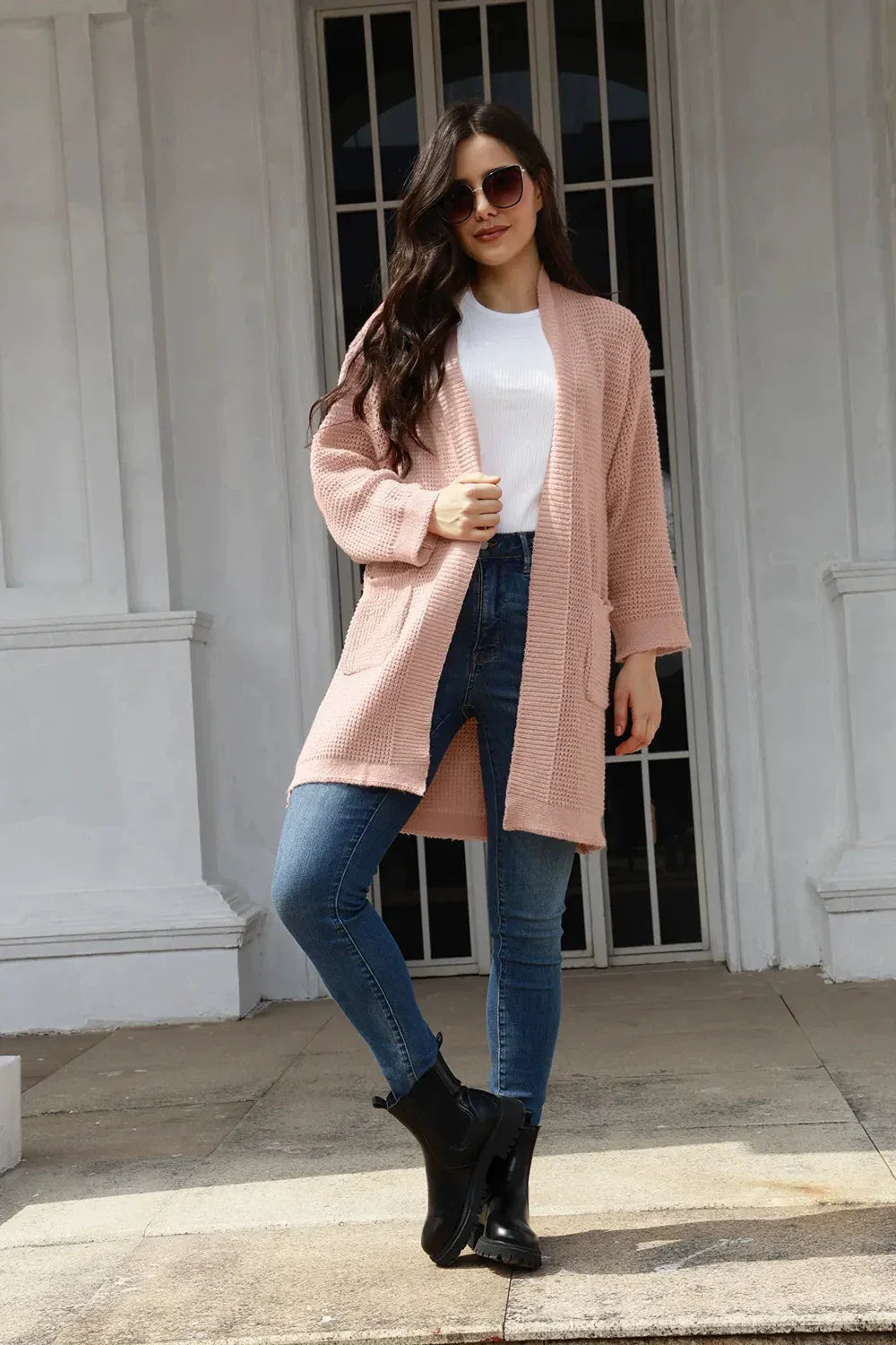 Women’s Cardigan – Relaxed Fit – Knitted Texture – Open Front – Mid-Length with Pockets