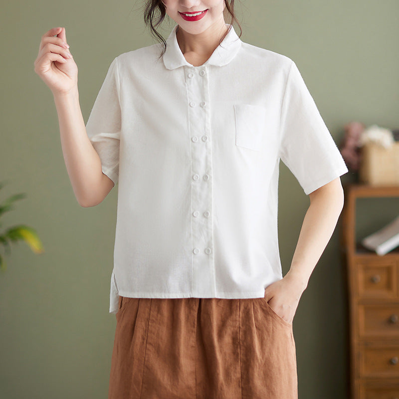 Athalie® | White Short Sleeve Cotton Linen Blouse For Women