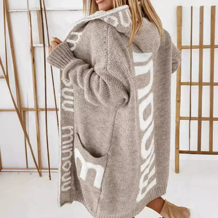 Women’s Knitted Cardigan – Oversized Fit – Hooded – Jacquard Back Detail – Longline