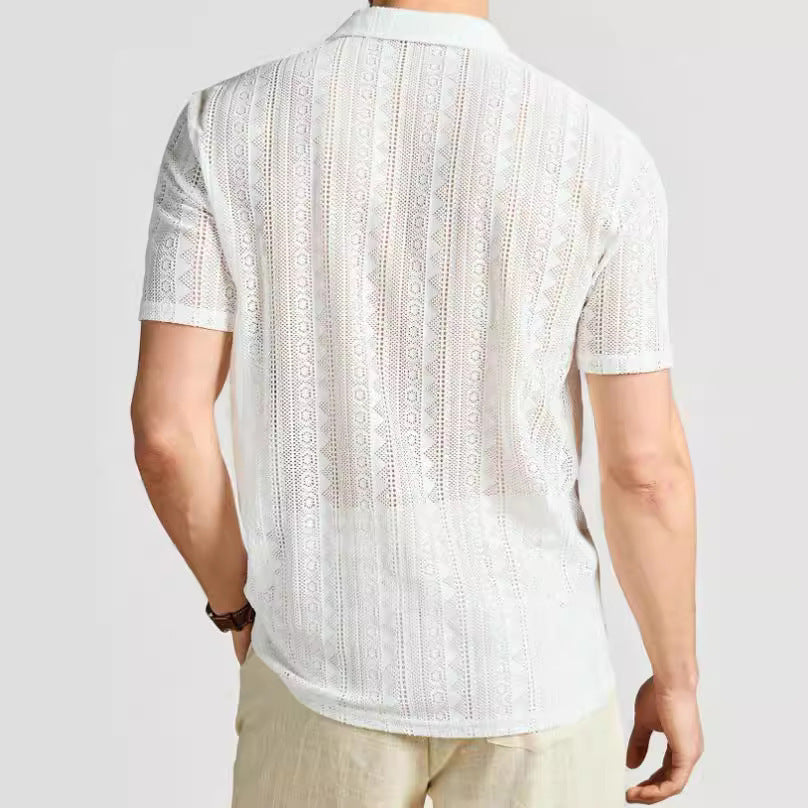Reggie | Lightweight Knit Lace Openwork Button Down Shirt - Relaxed Fit