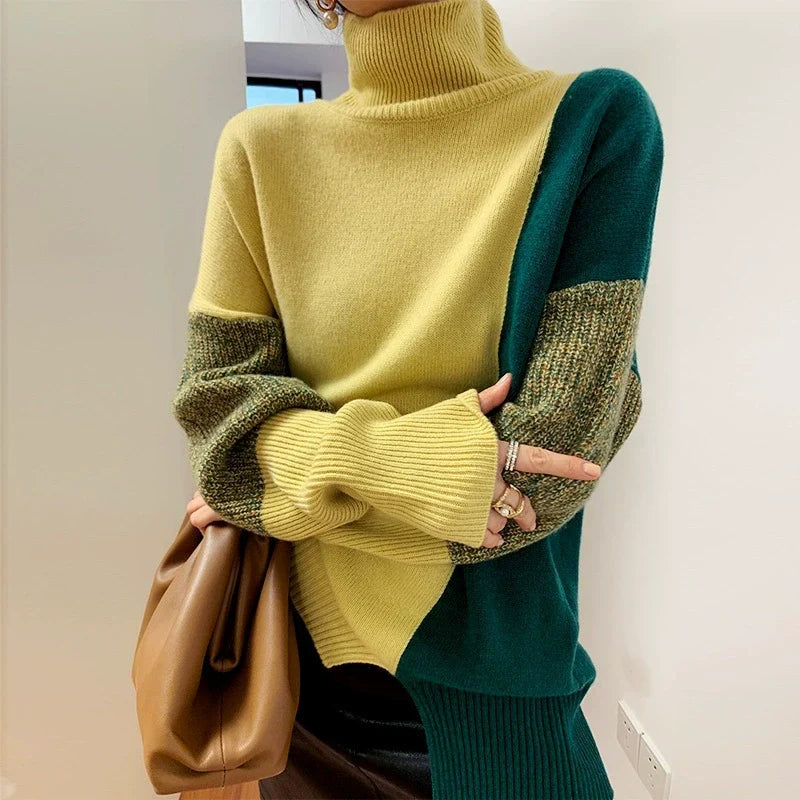 Women’s Sweater – High Collar – Loose Fit – Knitted Wool Blend – Ribbed Cuffs and Hem