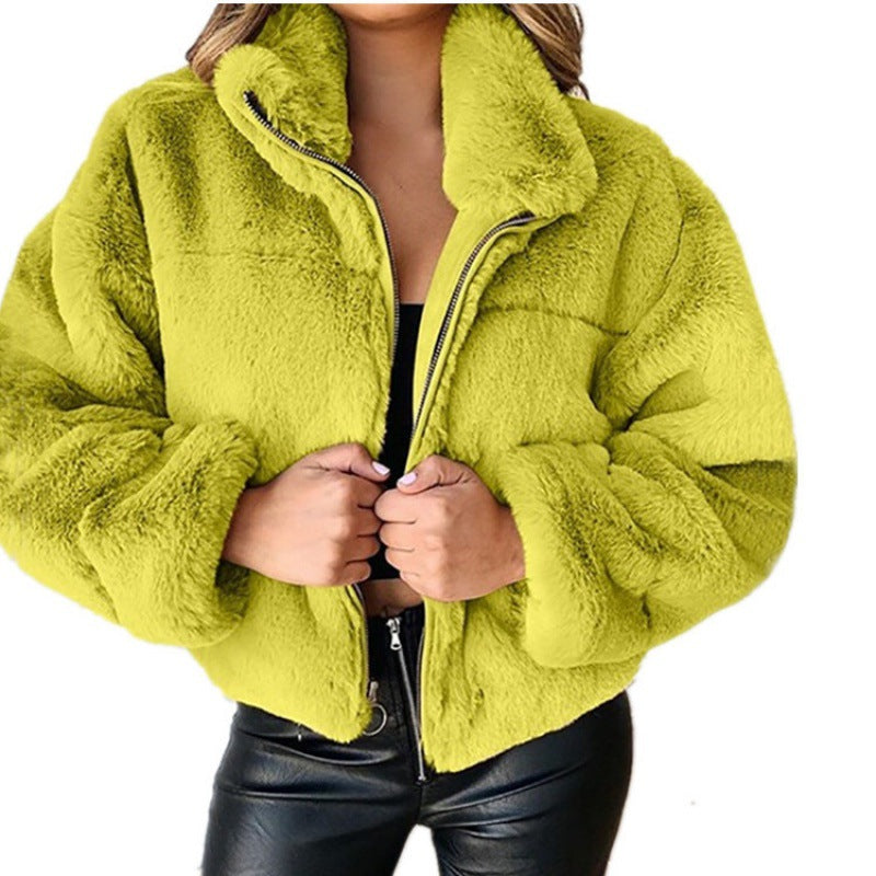 Women’s  Faux Fur Coat – Oversized Fit – Mid-Length – Zipper – High Collar