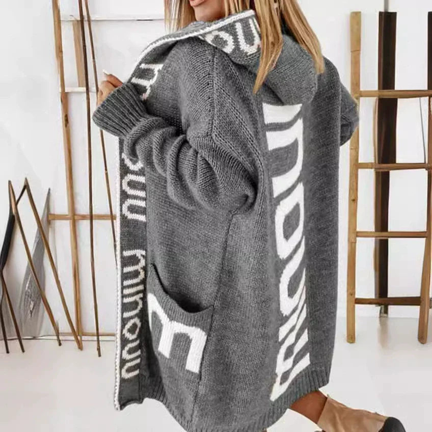 Women’s Knitted Cardigan – Oversized Fit – Hooded – Jacquard Back Detail – Longline