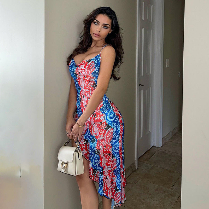 Elena® | Women'S Asymmetrical Summer Dress With Floral Pattern And Spaghetti Straps