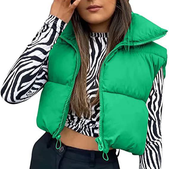 Women’s Puffer Vest – Quilted Insulation – Cropped Fit – High Collar – Adjustable Hem