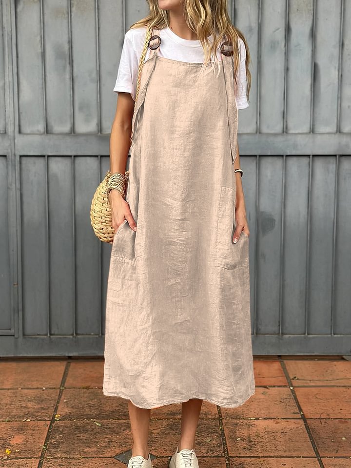 Women’s Midi Dress  – Relaxed Fit – Adjustable Straps – Front Pockets