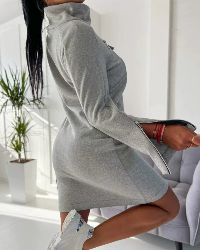 Women’s Knit Dress – Slim Fit – High Collar – Front Zip – Above Knee Length