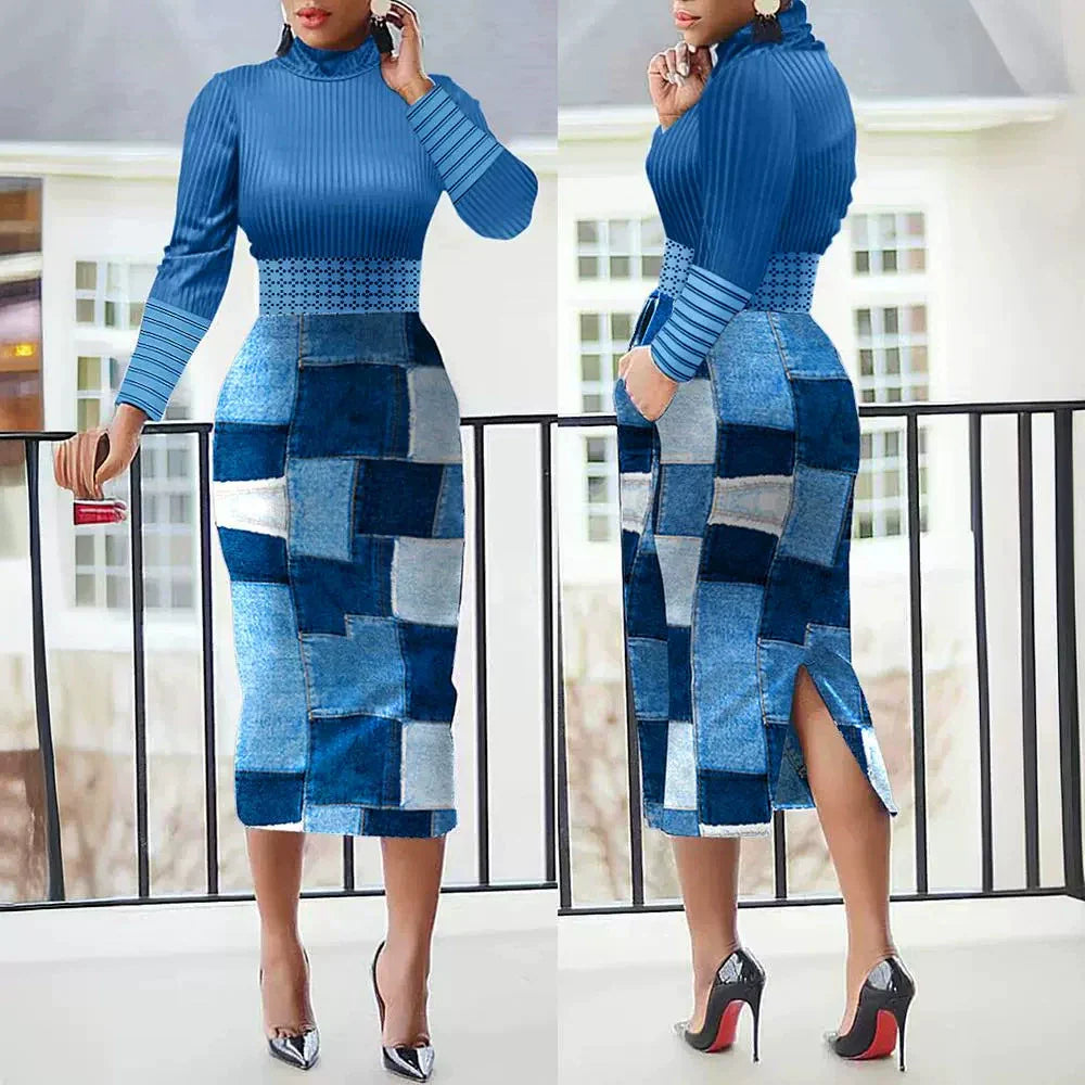 Women’s Midi Dress – Slim Fit – Polka Dot Stripe – Long Sleeve – Back Slit Elegant Style