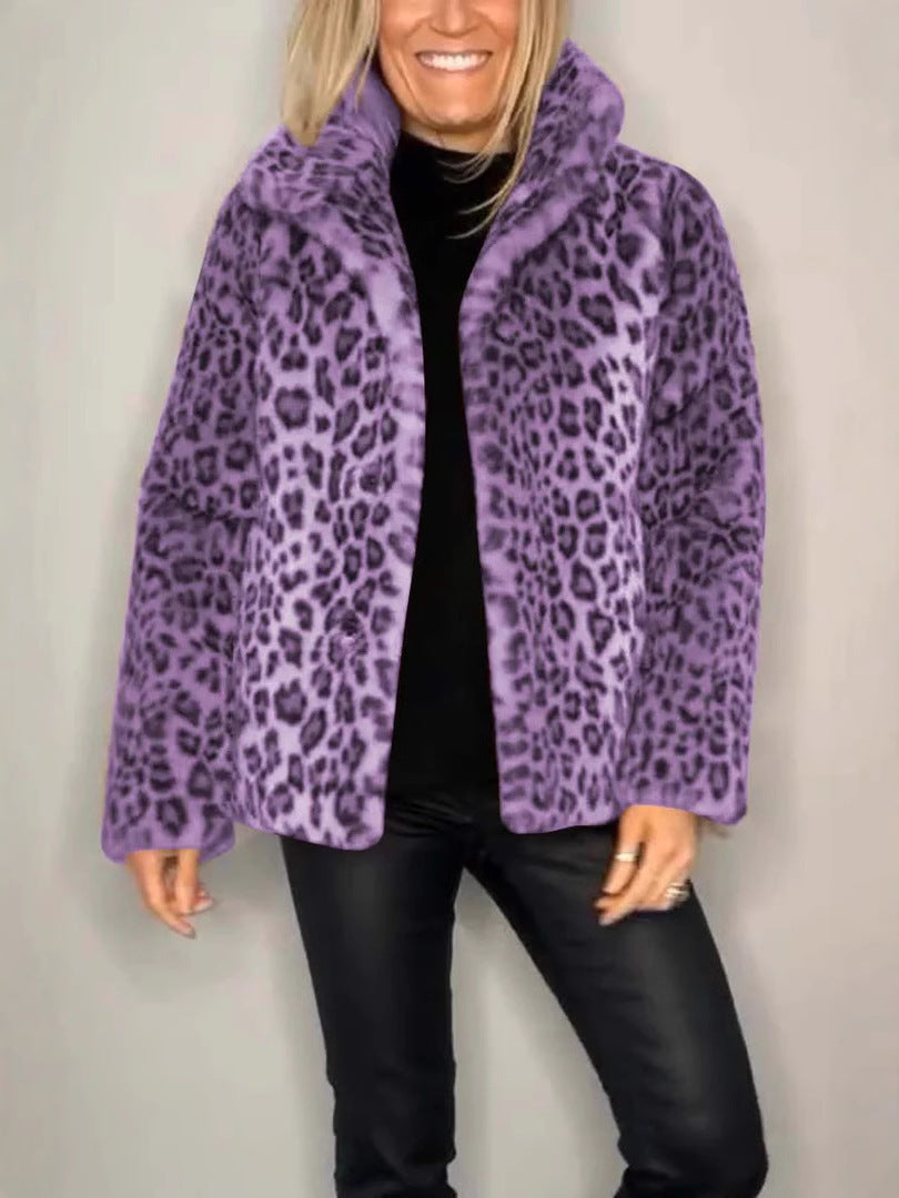 Women’s Coat – Faux Fur – Oversized Fit – Notched Collar – Leopard Print – Casual
