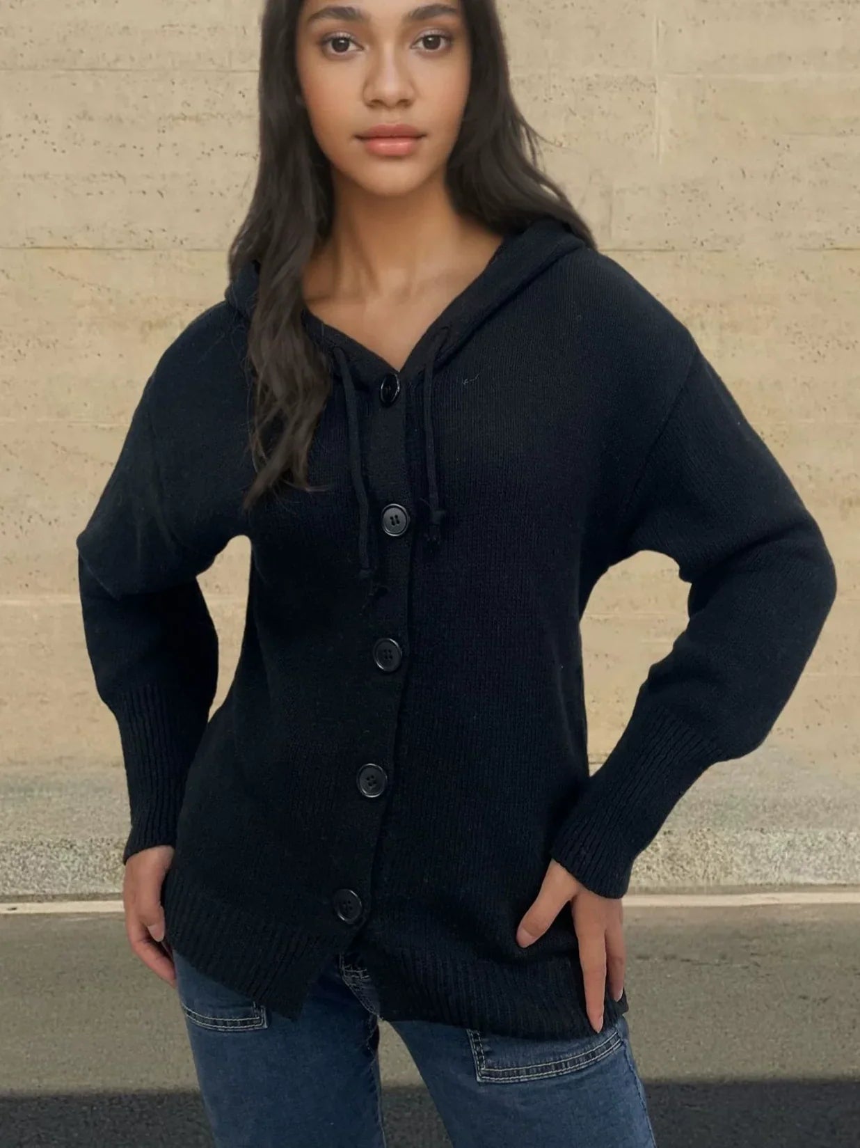 Women’s Hooded Sweater – Knit Fabric – Relaxed Fit – Button Front – Ribbed Trim