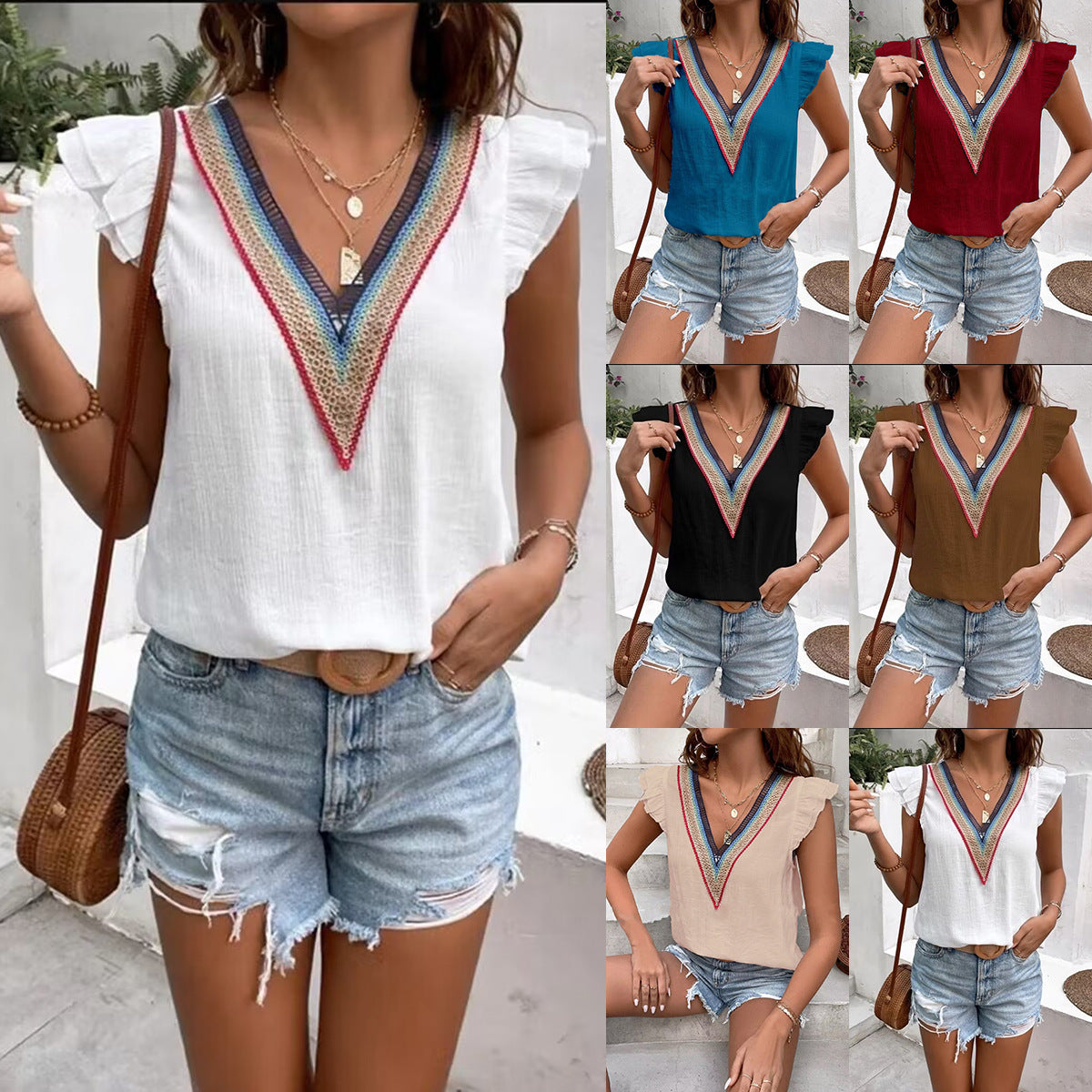 Dalia® | Women'S Blouse With Colorful V-Neck And Ruffle Details