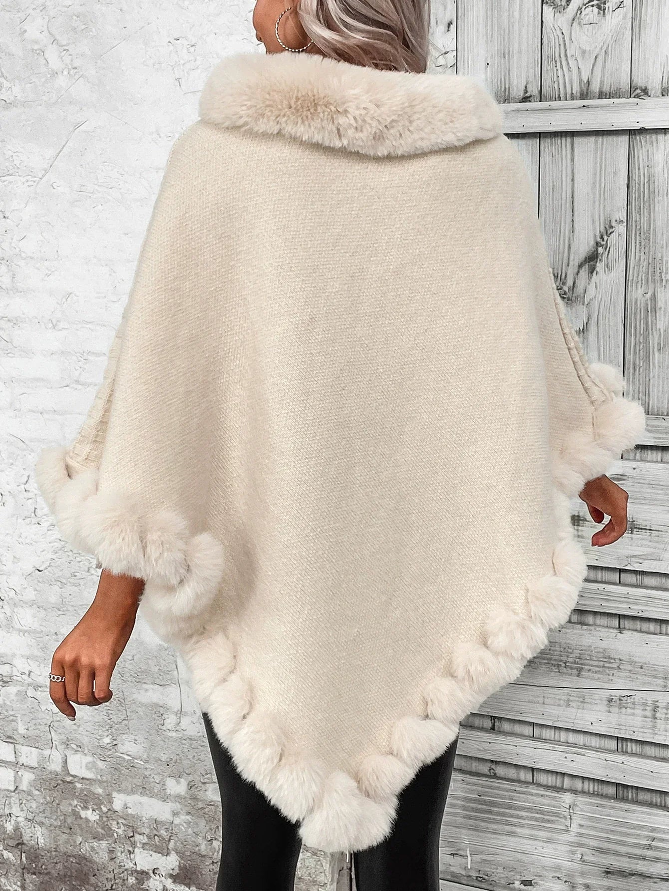 Women’s Poncho Sweater – Cable Knit – Faux Fur Trim – Oversized Fit – Cowl Neck