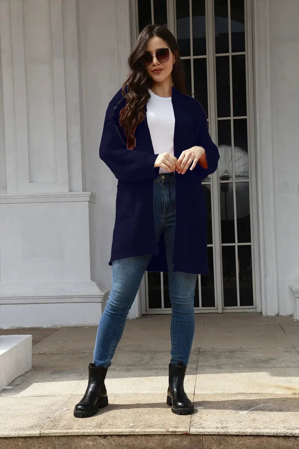 Women’s Cardigan – Relaxed Fit – Knitted Texture – Open Front – Mid-Length with Pockets
