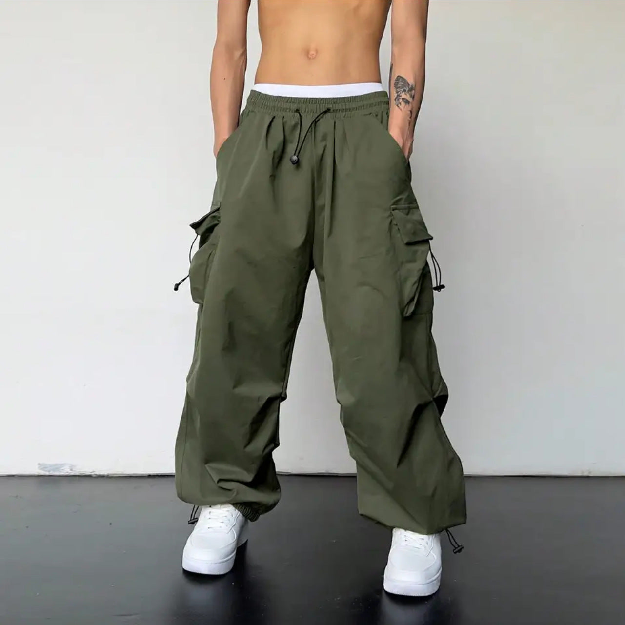 Men’s Cargo Pants – Relaxed Fit – Wide Leg – Cotton Woven – Elastic Hem – Drawstring Waist